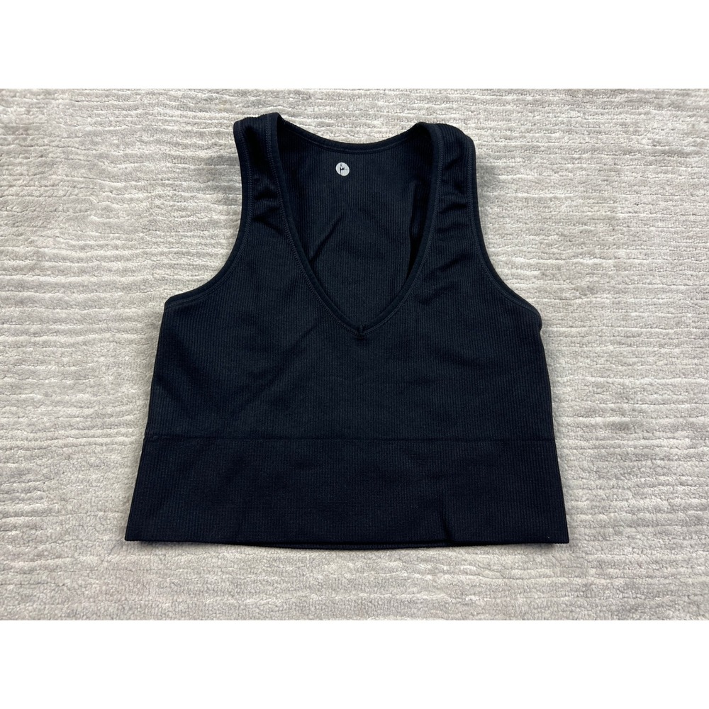 90 Degree by Reflex Tank Top Womens S Black Ribbed V-Neck Cropped Activewear